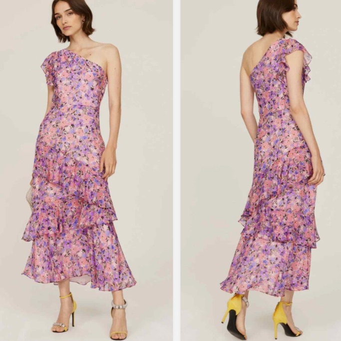 Shoshanna Midnight Sz 10 Priya Asymmetrical Ruffle Floral Pink Purple Dress